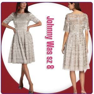 NWT Johnny Was Woman Dress Champagne Beaded Mesh Midi sz 8